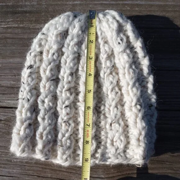 Alpaca Beanie Skully Hat Men Thick Chunky Hand Knit Wool Rib Biscotti White M-L - Picture 8 of 9